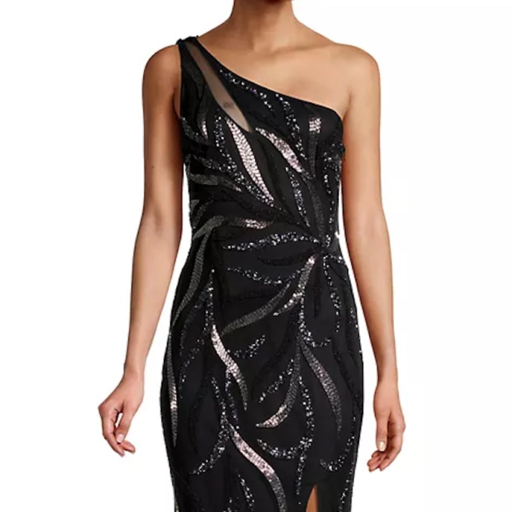 Black beaded one-shoulder Aidan Mattox dress